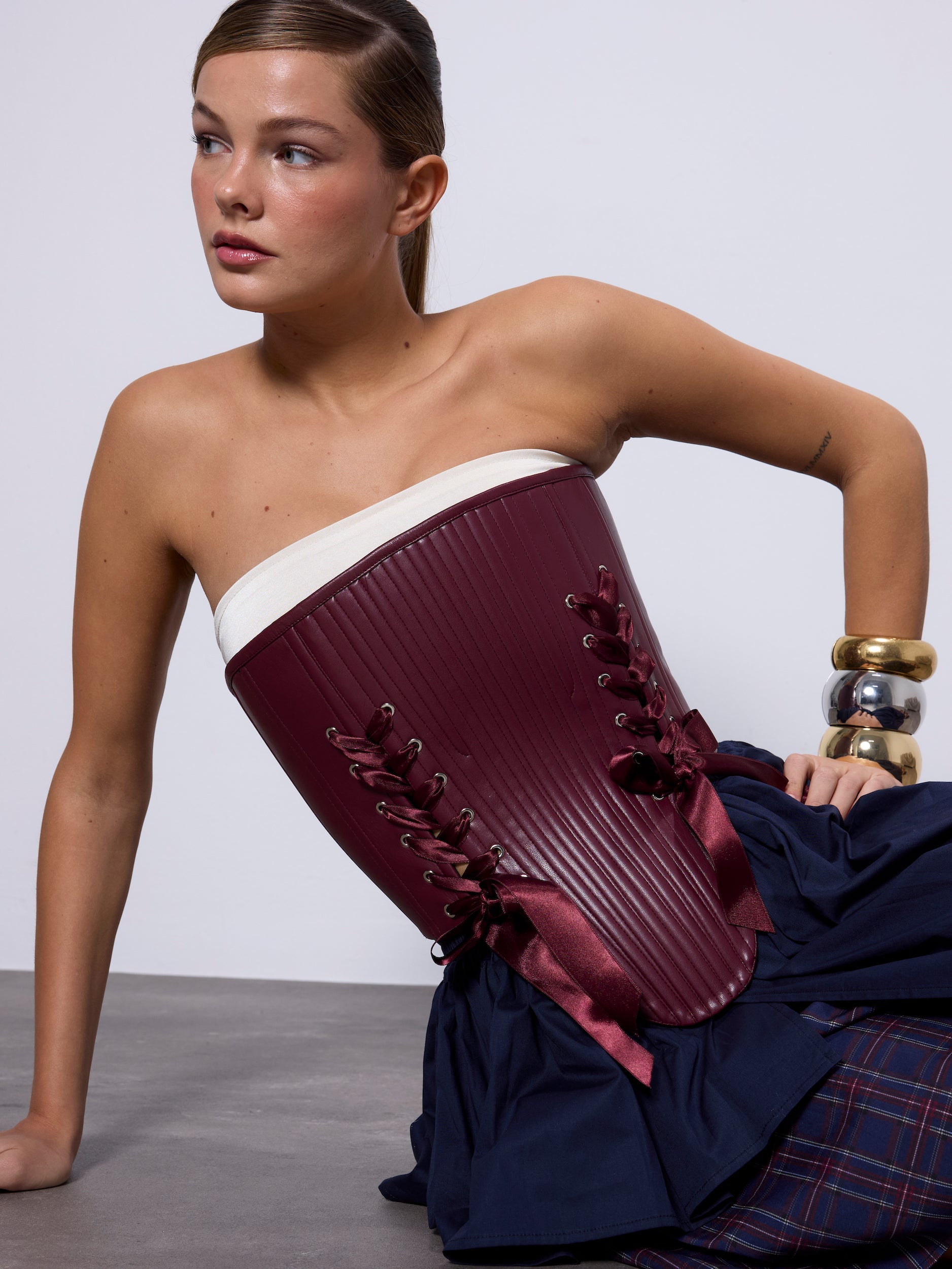 Marie Burgundy Leather Corset Set